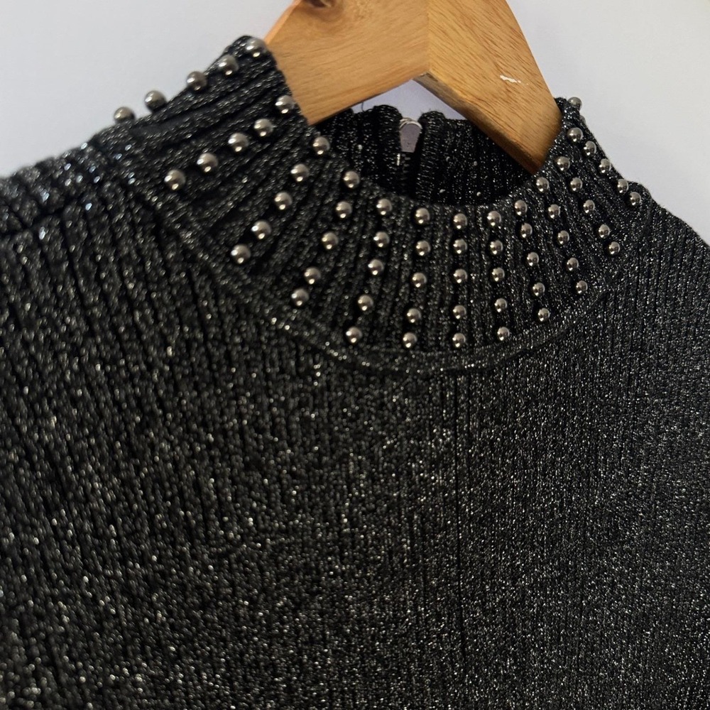 Belldini Peplum Top Black Silver Studded Mock Neck Metallic Glam Gothcore S